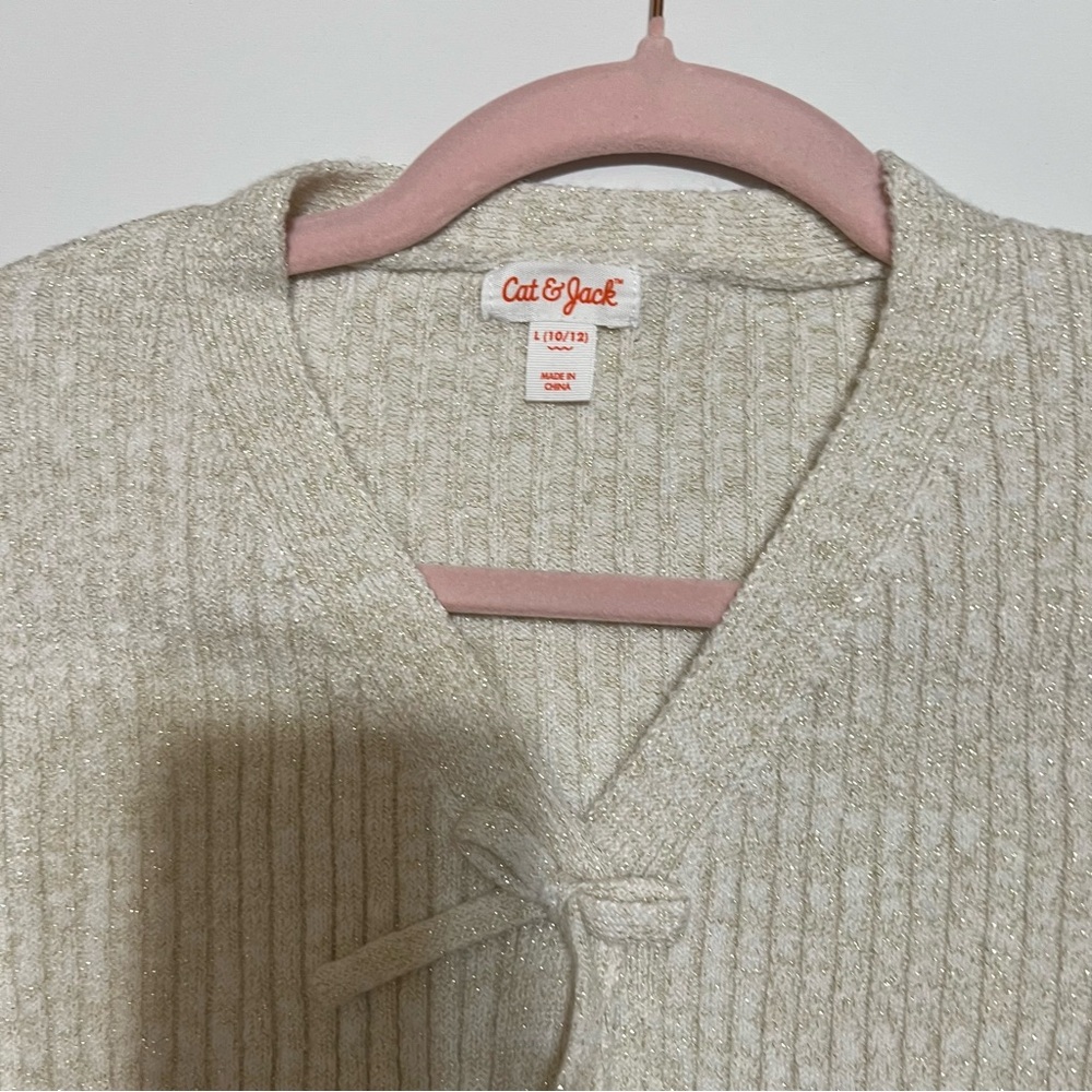 NWT Cat & Jack Girl's Ribbed Bow V-Neck Cardigan- Cream L (10/12) - Picture 7 of 8